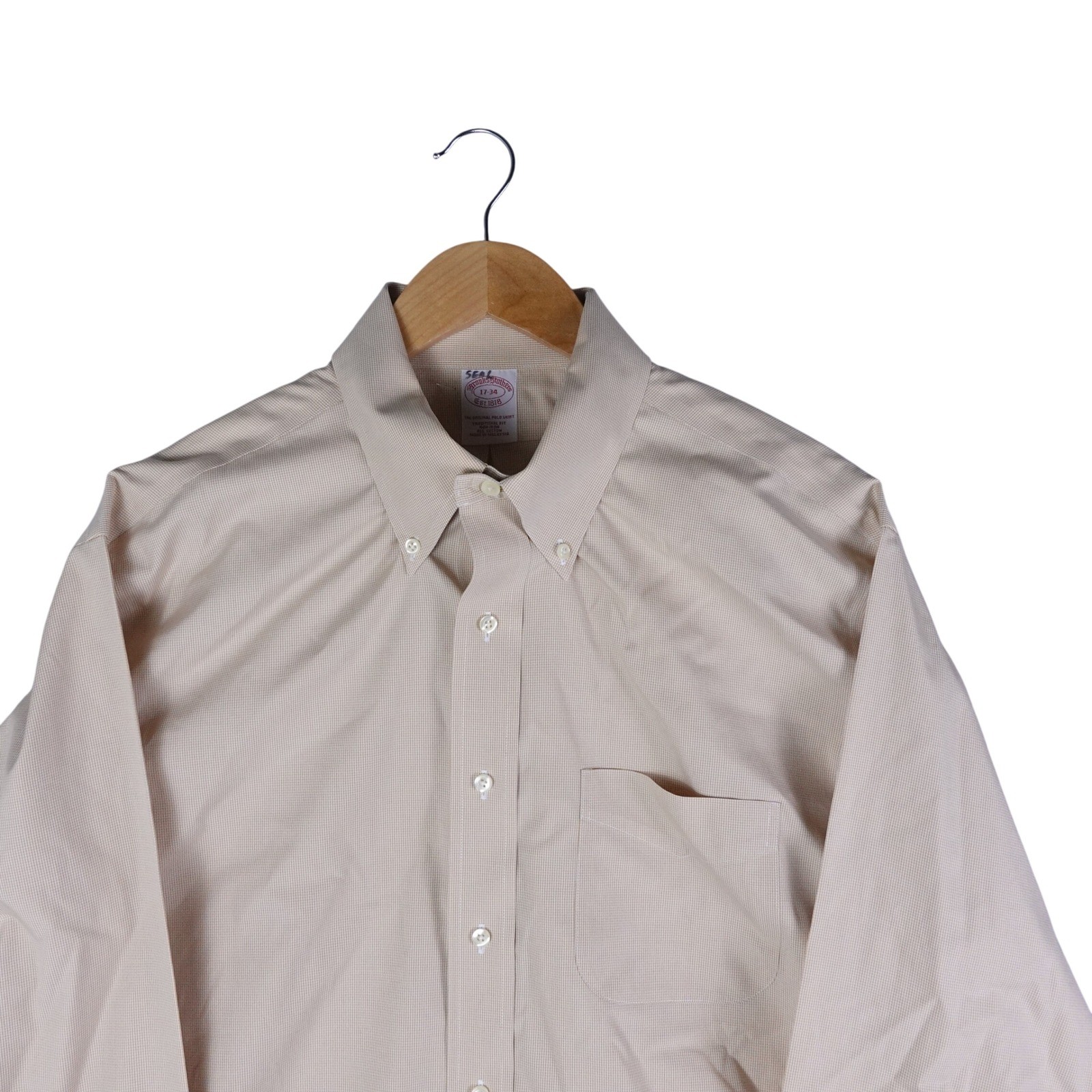 Brooks Brothers Mens 17-34 Traditional Fit Non-Iron Cotton Dress Shirt Tan Check