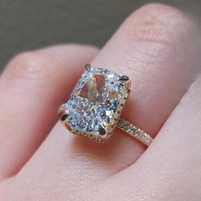 3 CT Cushion Lab Grown Diamond Engagement Ring With Hidden Halo Double Prongs