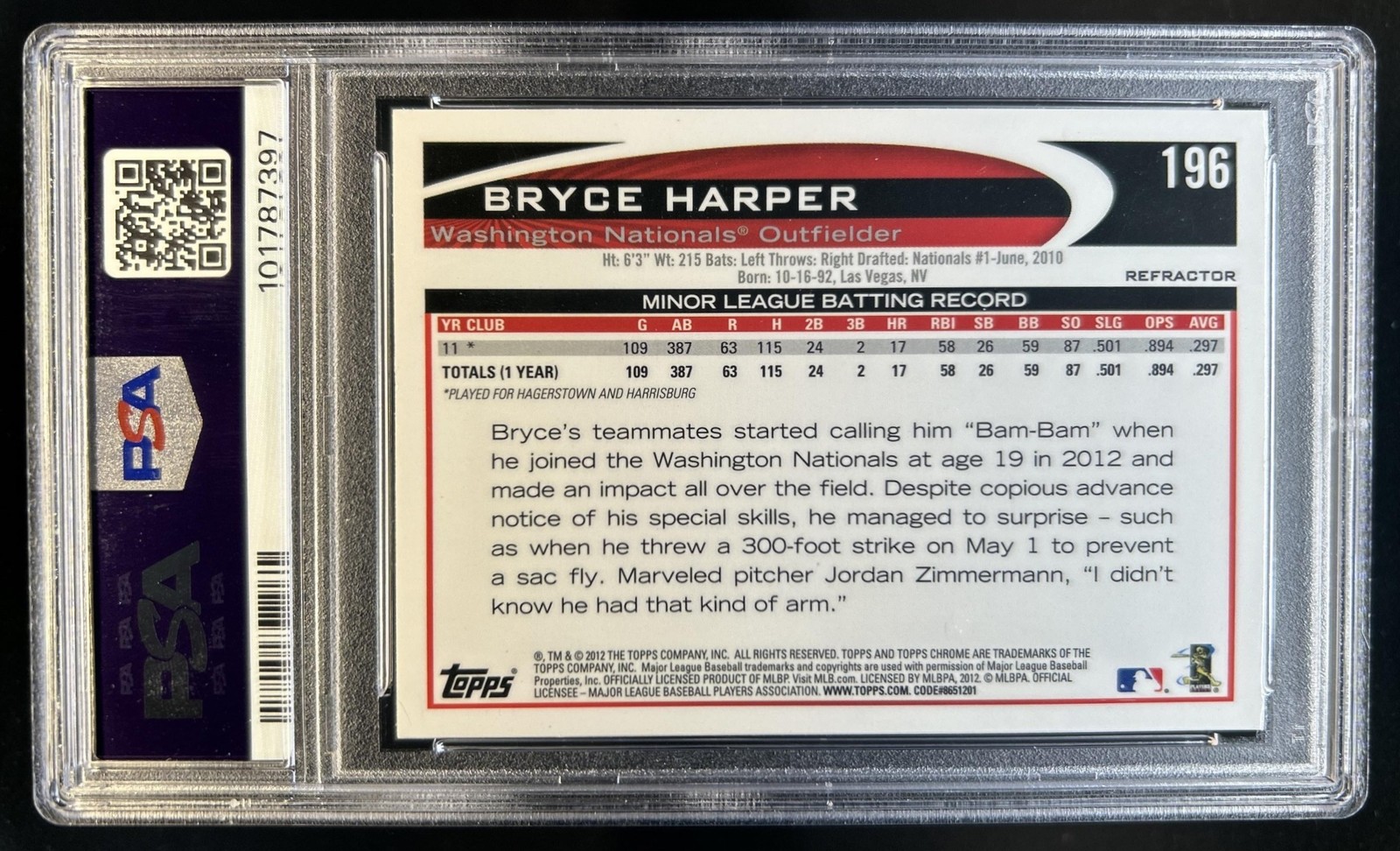 2012 Topps Chrome Bryce Harper RC Refractor Rookie #196 Nationals PSA 8 view 2