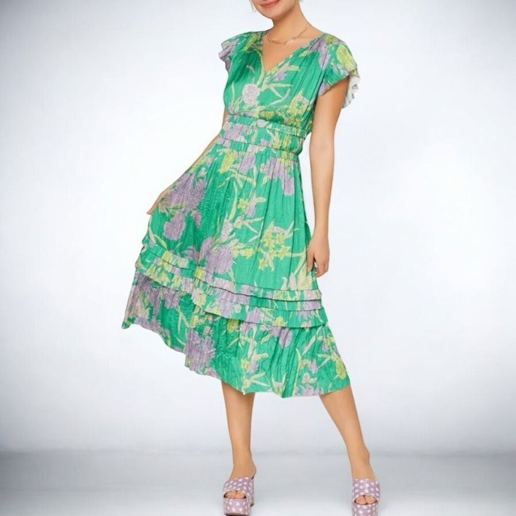 Size S Anthropologie Current Air Sereia Botanical Motif Midi Dress Womens