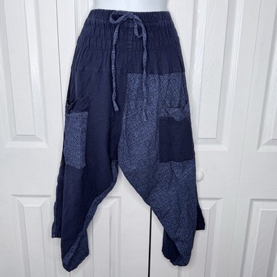 Boho Harem Pants Navy Blue Patchwork Elastic Waist Festival Hippie Unisex Small