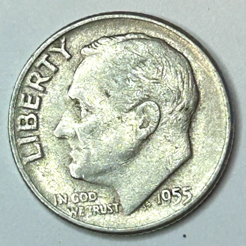 1955-P Roosevelt Dime 90% Silver U.S. 10c Coin Circulated as Pictured - 09