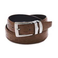 RUST BROWN Bonded Leather Belt HORNBACK ALLIGATOR Pattern Silver-Tone Buckle
