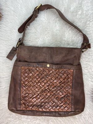 Mo & Co Women's Brown Leather Woven Pocket Hobo Handbag Shoulder Bag Purse