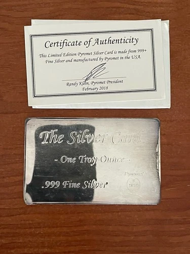 Silver Bullion - 1 oz  Pyromet Silver Card With COA (Bent Corner, See Pics)