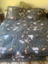 AMWAN Floral Garden Queen Duvet Set 2 Pillowshams Birds Gray Blue