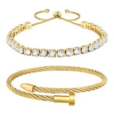 2PCS 18K Gold Plated Nail Bracelet Chain Bracelet Set for Women, Adjustable...