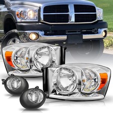 Pair Headlights Fog Lights For 2006-09 Dodge Ram 1500 2500 3500 Chrome Headlamps