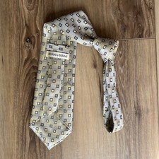 Burma Bibas Silk Tie Gray Silver Gold Tan Geometric USA Made Self-Tipped Necktie