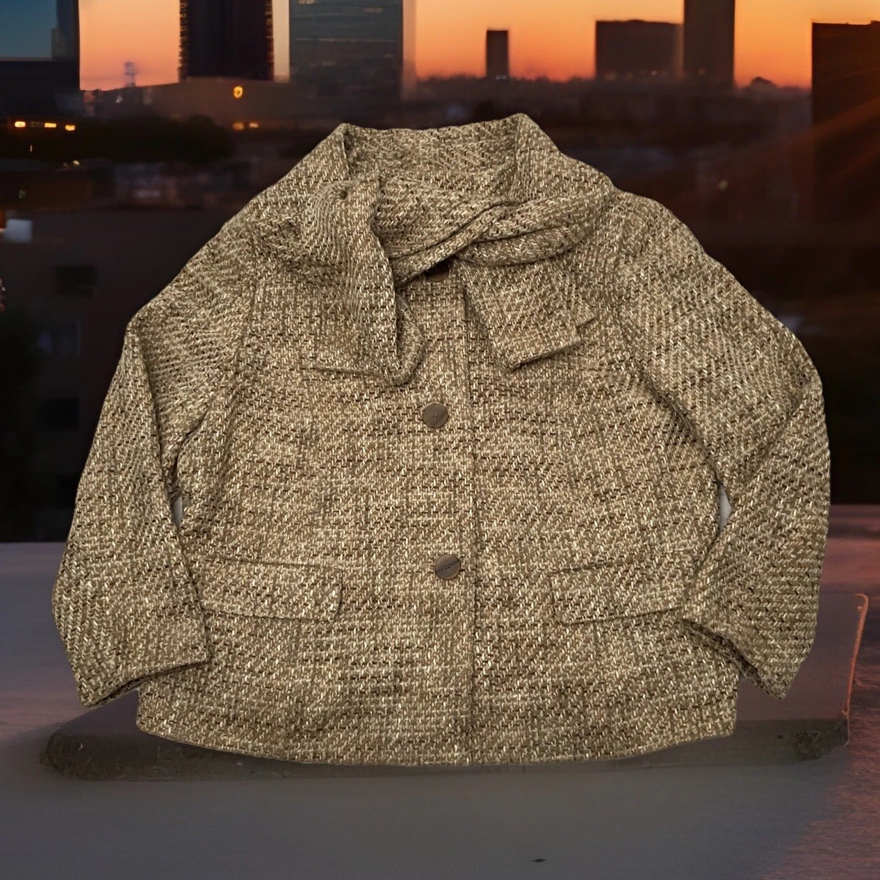 CHANEL Giacca tweed Talbots cappotto senza colletto donna 16W tessuto italiano con sciarpa combinata