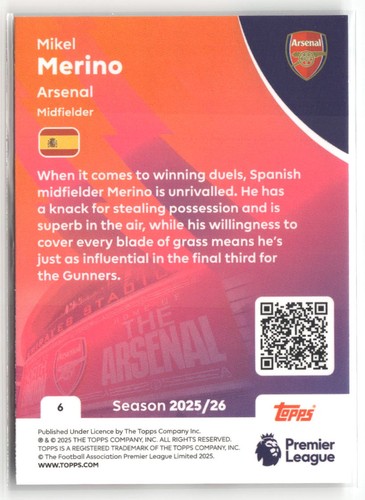 2025-26 Topps Premier League #6 Mikel Merino - Picture 2 of 2