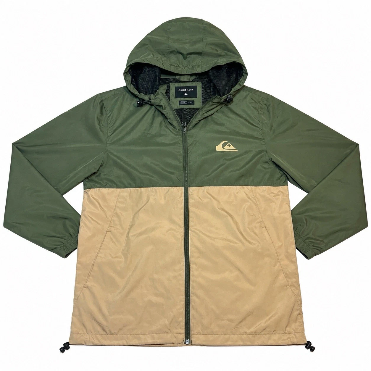 Quiksilver Mens Windbreaker Jacket Green Beige Colorblock Hooded Mesh Lined M image 1