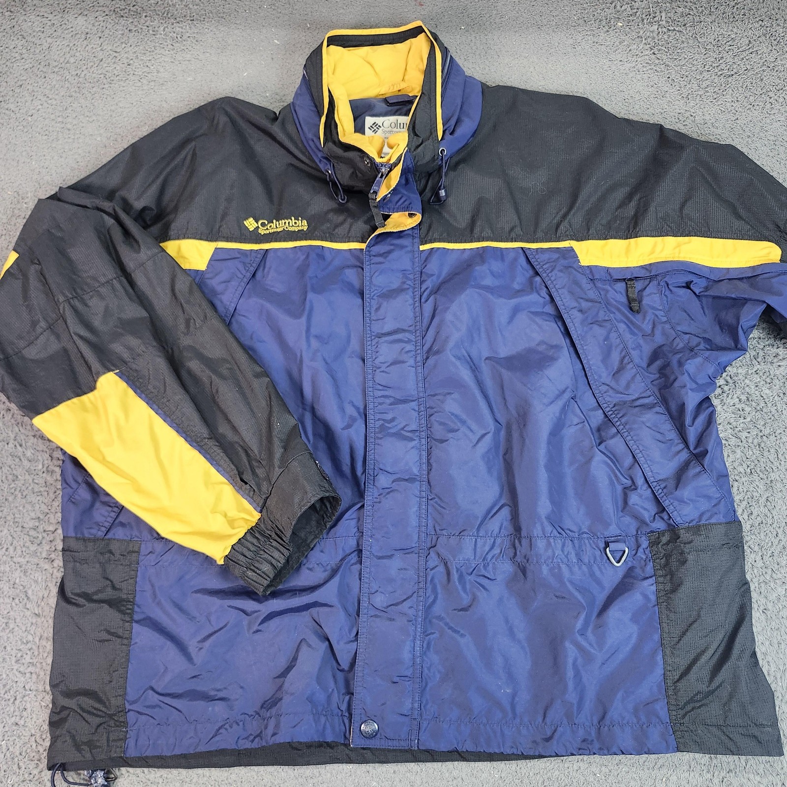 Vintage Columbia Jacket Mens 2XL Blue Yellow Hooded Colorblock Windbreaker 90s