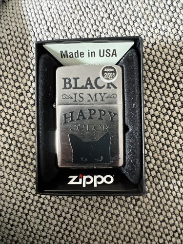 Zippo Windproof Metal Design Fire Lighter - Cat- Black Is My Happy Color NIB - Picture 2 of 5