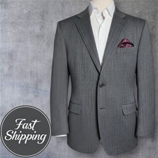 JOSEPH  FEISS Mens 44L Gray Herringbone Wool Blazer Sport Coat 2-Button Jacket