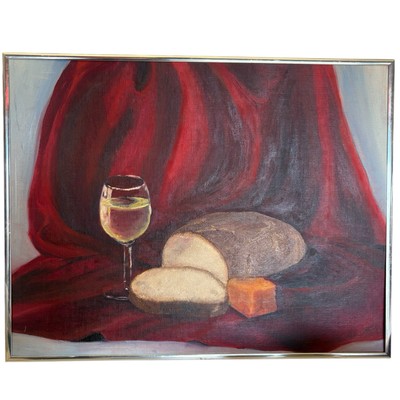 PENNY JO VIELMA Original Oil Painting 18x14 Still Life Wine Bread Cheese