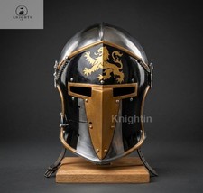 New Medieval Barbute Knight Helmet with Golden Lion Crest LARP Halloween Costume