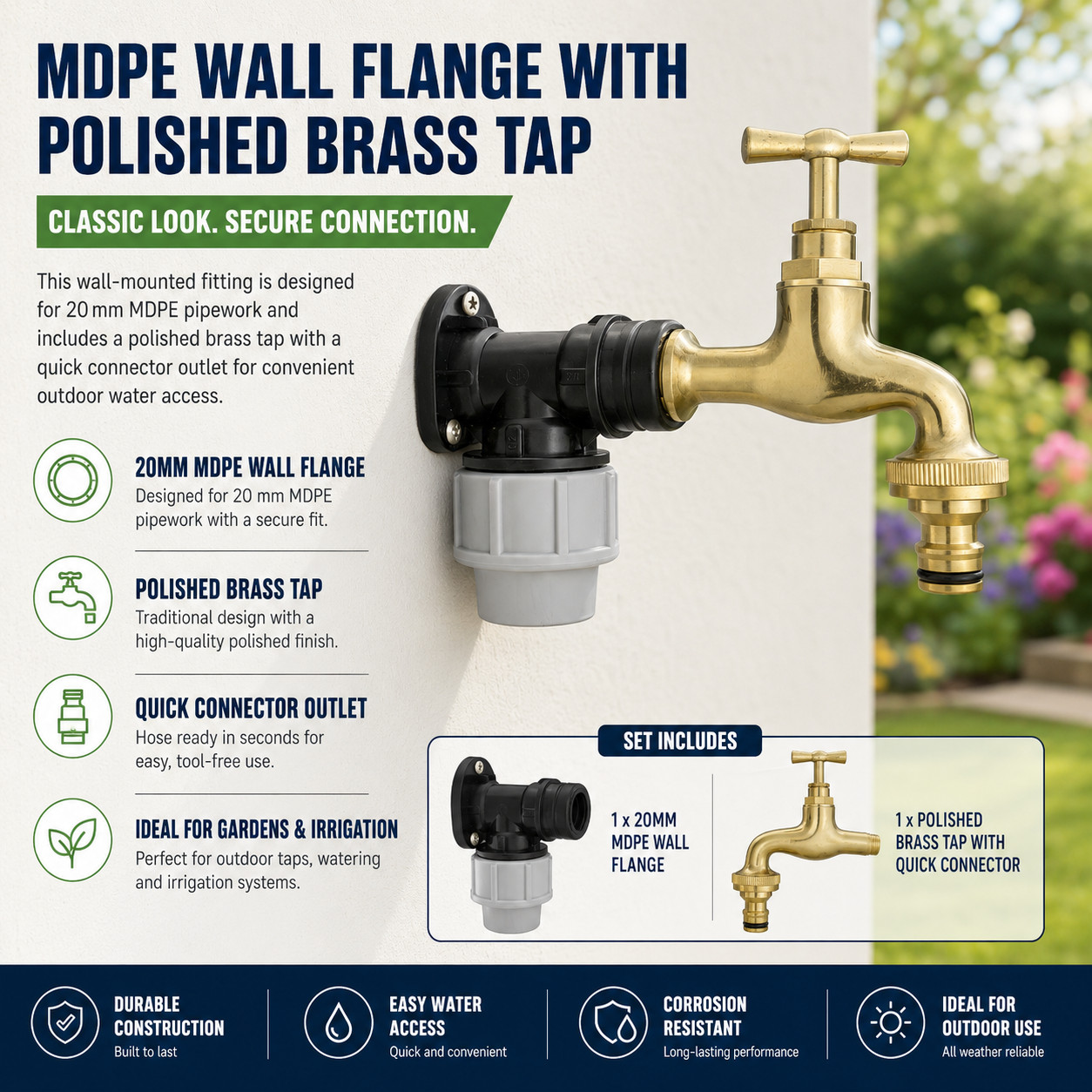 MDPE Wall Flange with Polished Brass Garden Tap Quick Connector Outlet 20 mm Kit
