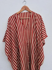 Indian Red Handmade Cotton Striped Kaftan Maxi Dress Women's Clothing Gown US