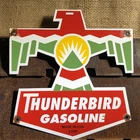 VINTAGE 1959 DATED THUNDERBIRD GASOLINE 12.5” PORCELAIN GAS SIGN PUMP STATION