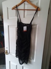 Black, mesh PRETTY LITTLE THING spider web ruffled mini dress - 10 UK - RRP £10+