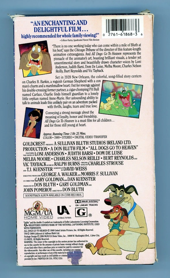 All Dogs Go To Heaven, Movie, VHS, Pre Owned, Animation, 1989 - Image 2 of 2