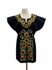 Vintage Mexican Black Embroidered Sunflower Tunic Dress Boho Folk Art Size S-XL
