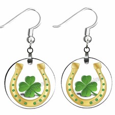 St Patrick's Day Earrings Dangle Wood Lucky Horseshoe Shamrock Irish Celebration