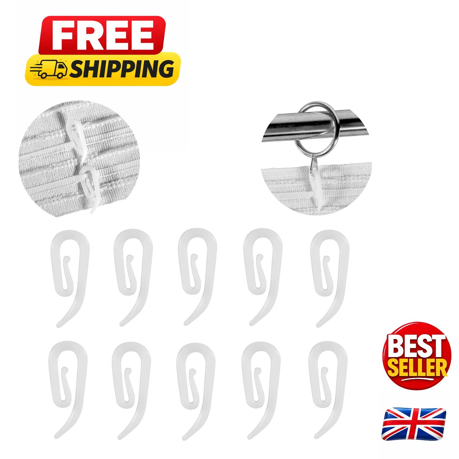 100 White Plastic Curtain Hooks 2.8x1.2cm - Secure Hold for Every Curtain Style