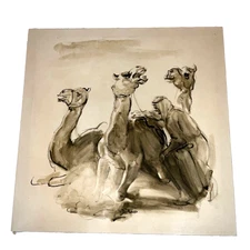 Vintage 70s camels hand painted oil painting signed impressionist large desert