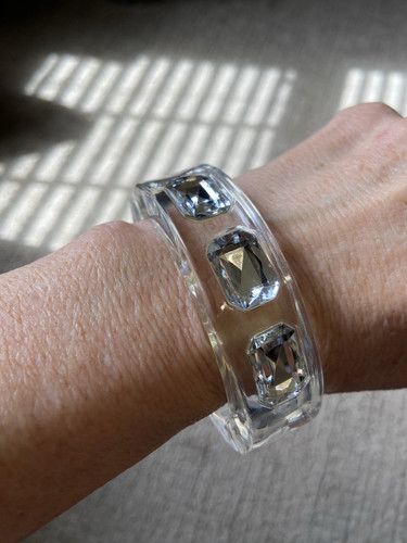 Vintage Clear Lucite Hinged Bracelet Chunky Channel Set Clear “Jewels" Rhineston