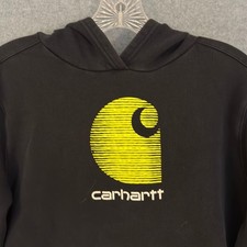 Carhartt Boys Black Pullover Hoodie Neon Yellow Graphic Logo Size L 14-16