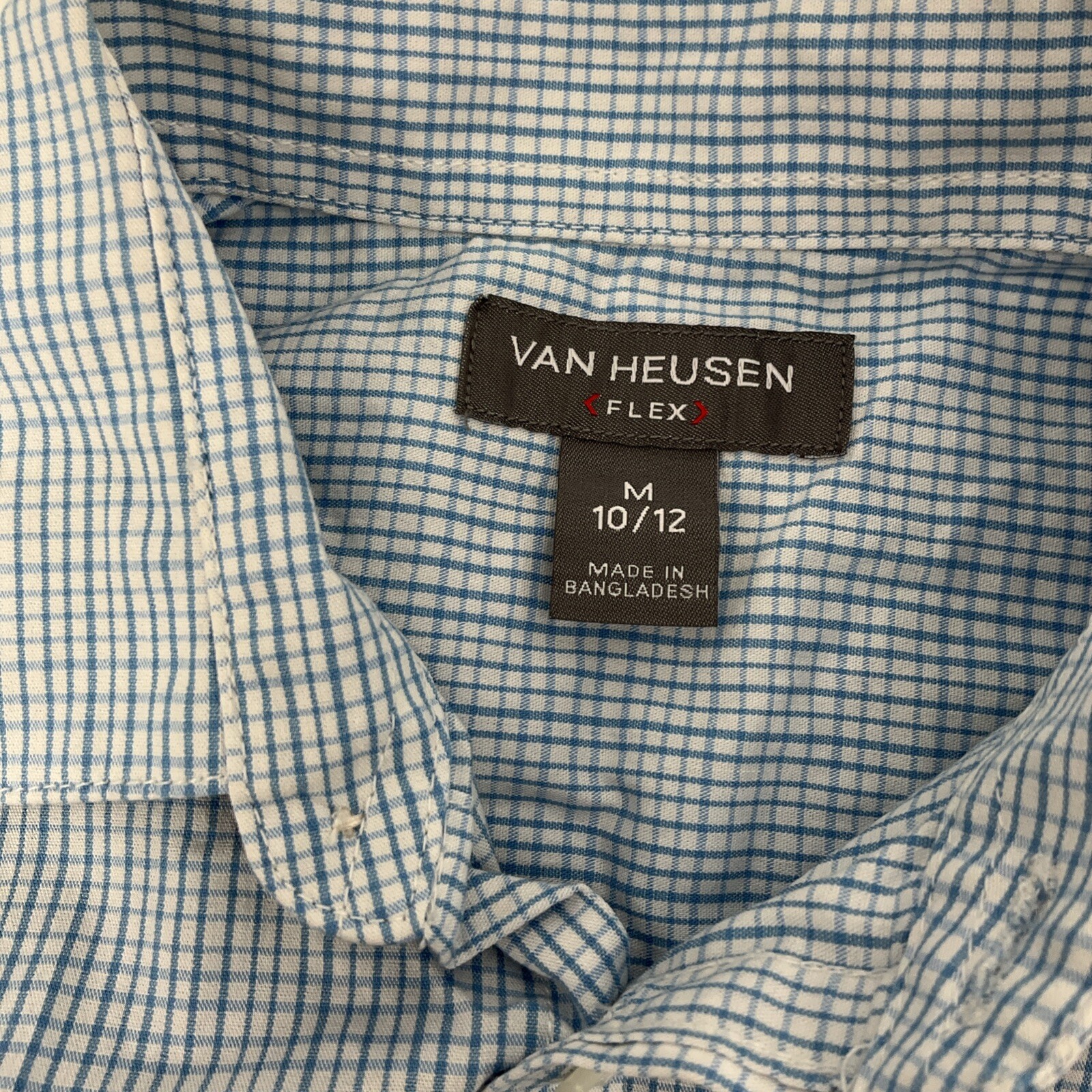 Van Heusen Button Check Shirt Youth Boys Size 10 Medium Blue White Casual image 7