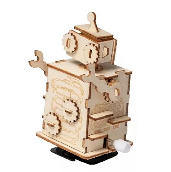 3D Wooden Wind Up Puzzle Robot, New In Box, Protocol, STEM