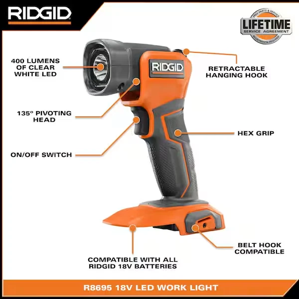 Ridgid 18V Cordless LED Work Light 18 Volt (Tool Only) 400 Lumens R8695B - Image 3 of 4