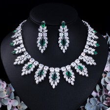 Silver Plated CZ Women Square Leaf Drop Earrings Necklace Costume Jewelry Set