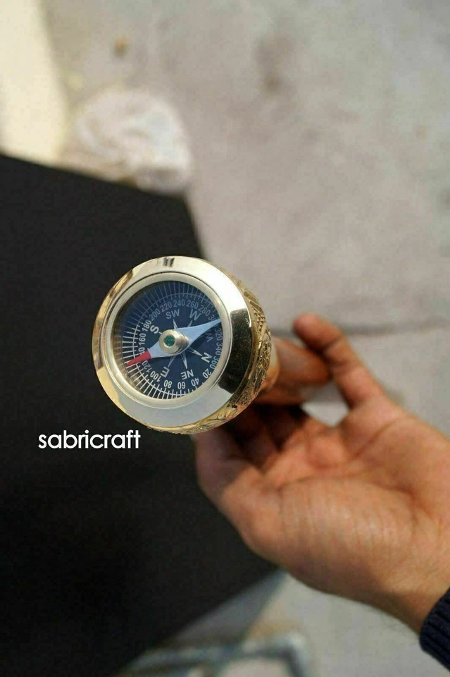 Vintage Brass Handle Victorian Compass Head Foldable Wooden Walking Stick Cane Foto 4 de 4