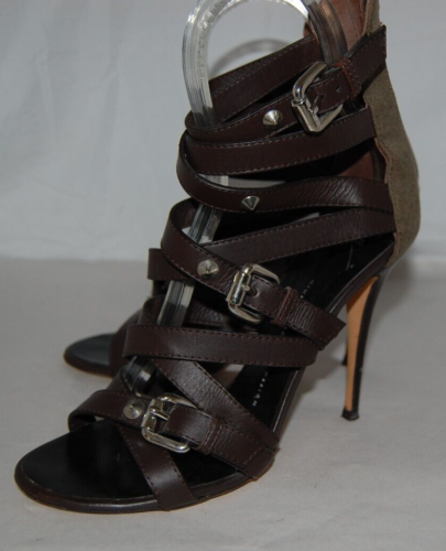37/7❤️ GIUSEPPE ZANOTTI CUERO MARRÓN Tacones Altos GLADIADOR SANDALIAS BOTAS ITALIA - Imagen 3 de 13