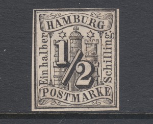Hamburg-Sc-1-unused-1859-s-black-Numeral-imperf-4-margins-bright-thin