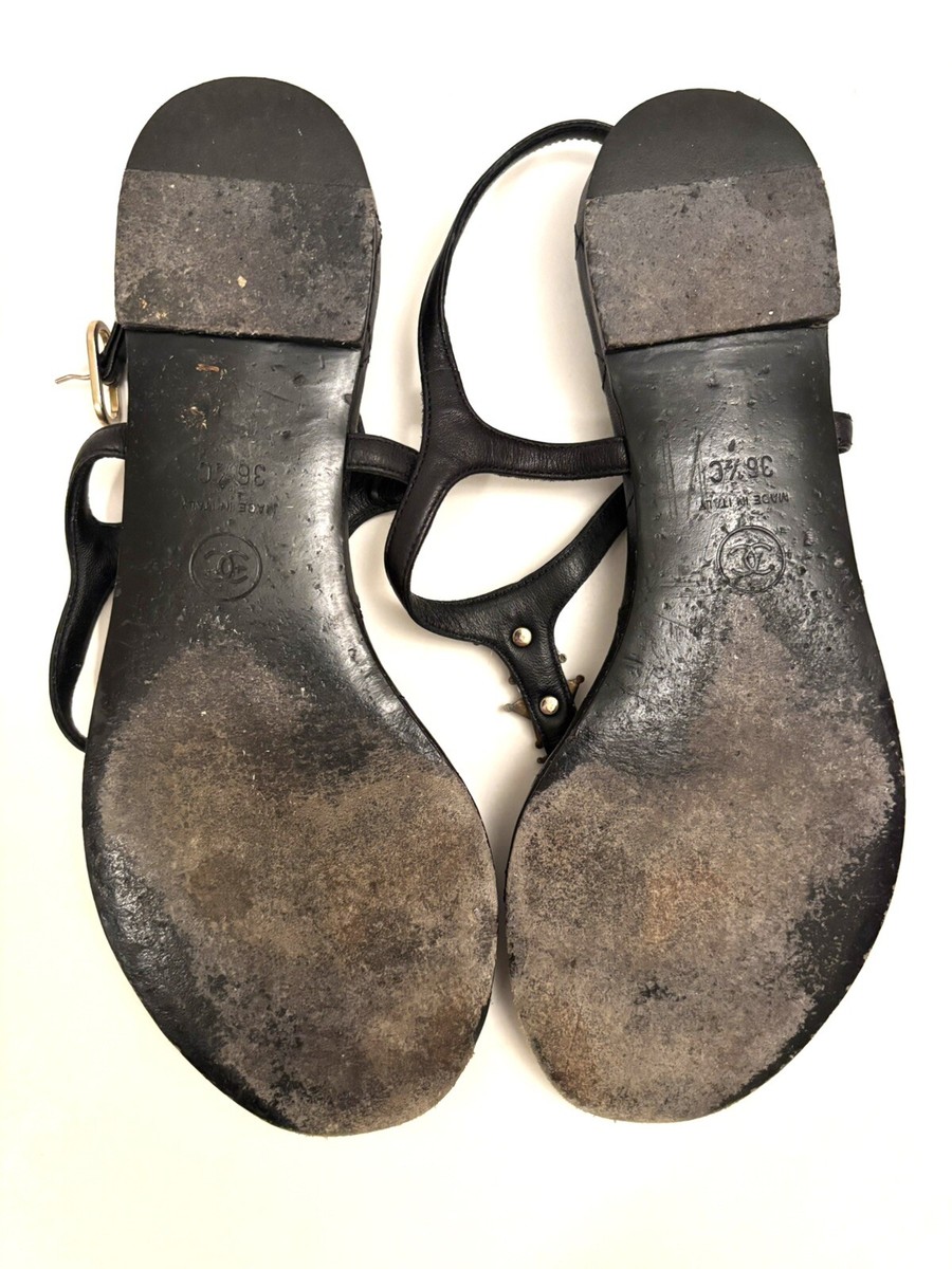 Chanel Interlocking CC Logo Leather T-Strap Sandals / Size : 6.5
