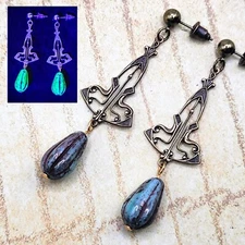Bronze Art Deco Uranium Glass Earrings Geometric Blue Wash