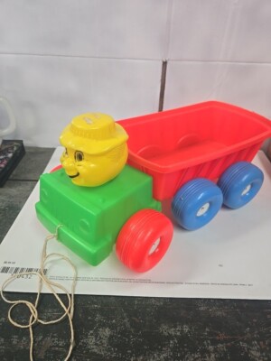 Vintage Plastic Dump Truck Toy Blow Mold Clown Head Pull String