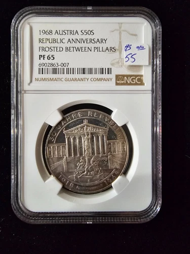 1968 Austria Silver 50 Shilling Coin Frosted Between Pillars - NGC PF 65