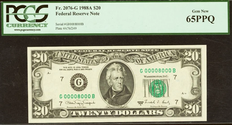 1988A $20 FRN PCGS Gem 65PPQ rare single digit fancy serial number 00008000 - Image 2 of 3