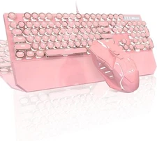 Typewriter Mechanical Gaming Keyboard and Mouse Combo, Retro Pink White 