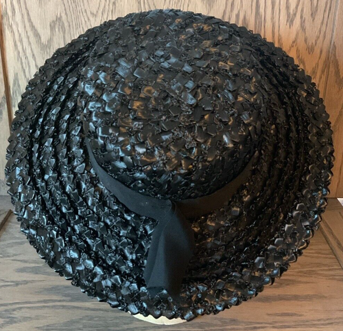 Women's Vintage Wide Brim Black Straw Hat with Black Hat Band Size 22” - Picture 6 of 13