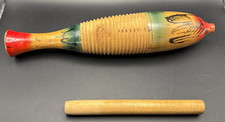 Vintage Hand Painted Wooden Guiro Percussion Instrument with Scraper Stick