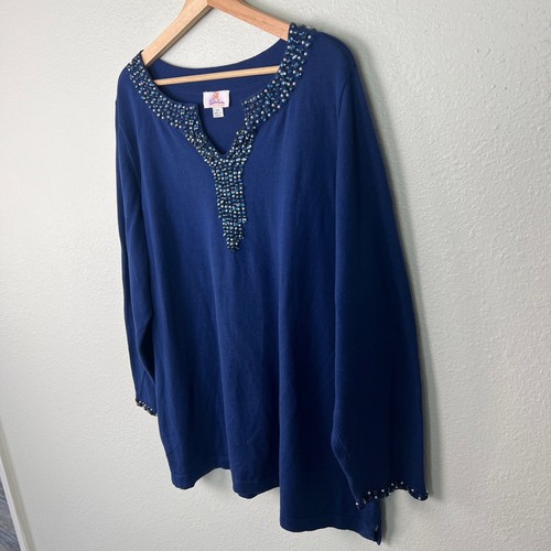 Quacker Factory 2X Beaded Notched Neckline Blue Long Sleeve Knit Sweater Top - Picture 5 of 8