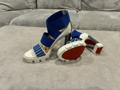 Christian Louboutin White Blue Red Elastic Strappy Open Toe Block Heels US 8