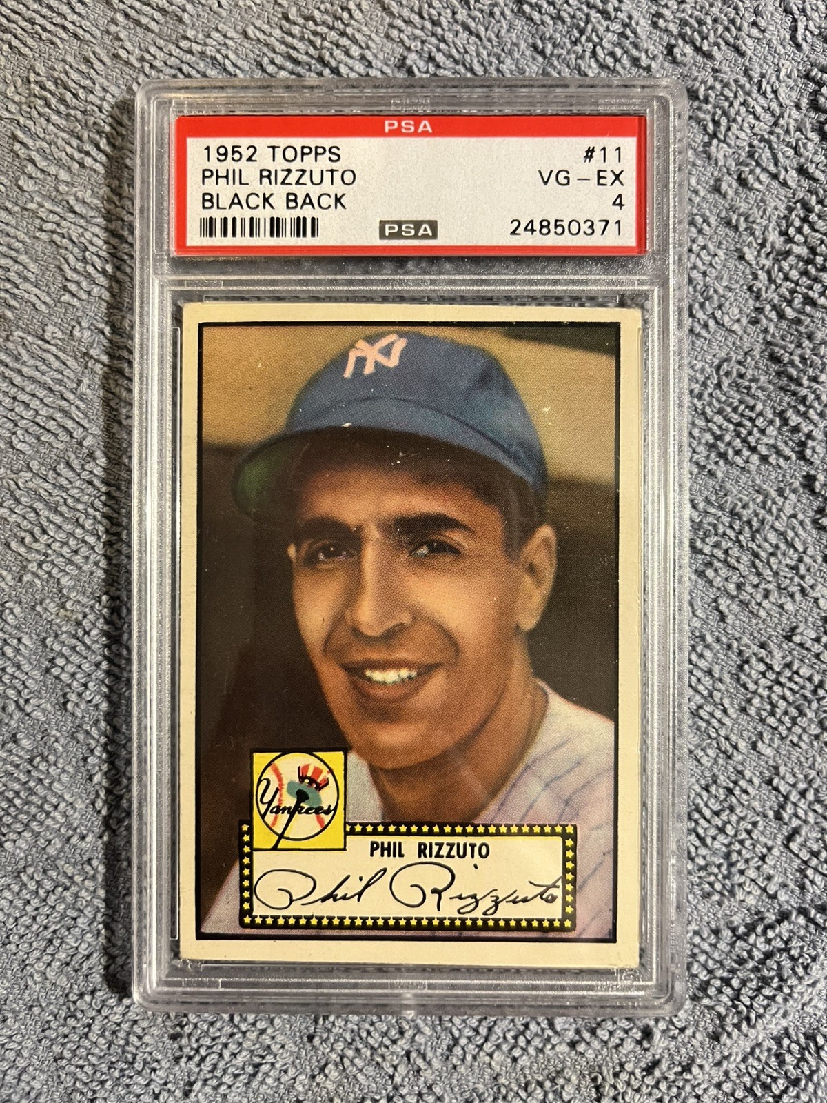 1952 Topps #11 Phil Rizzuto BLACK BACK Baseball Card PSA 4
